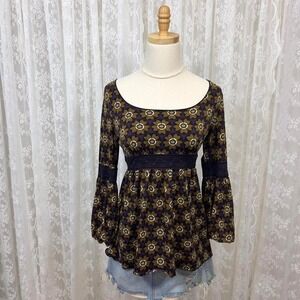 Vintage Y2K Studio M Babydoll Top‎ Long Sleeve Floral S Dark Fairy Whimsigoth
